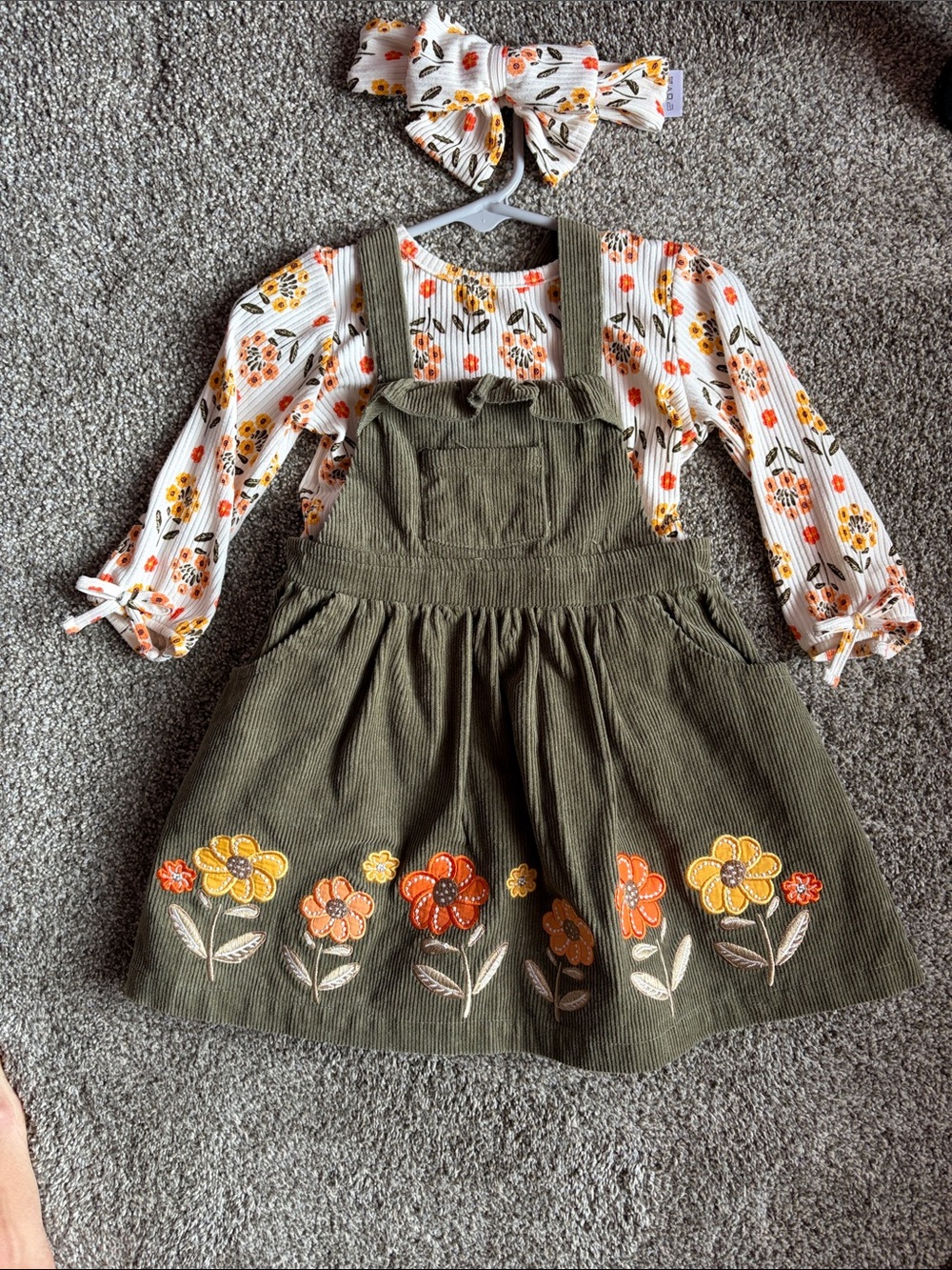 Blueberi Boulevard Olive Green Corduroy Dress with Floral Trim